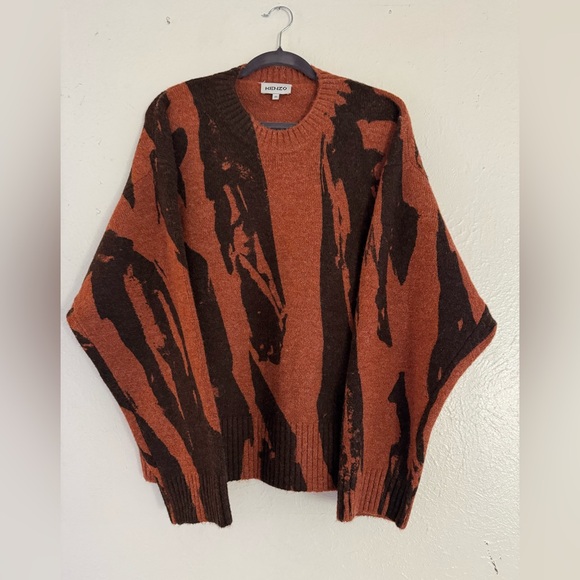 Kenzo Wool Sweater Brown Pleat Camo Jumper Designer Fall Oversized Cozy Chunky - Picture 4 of 12